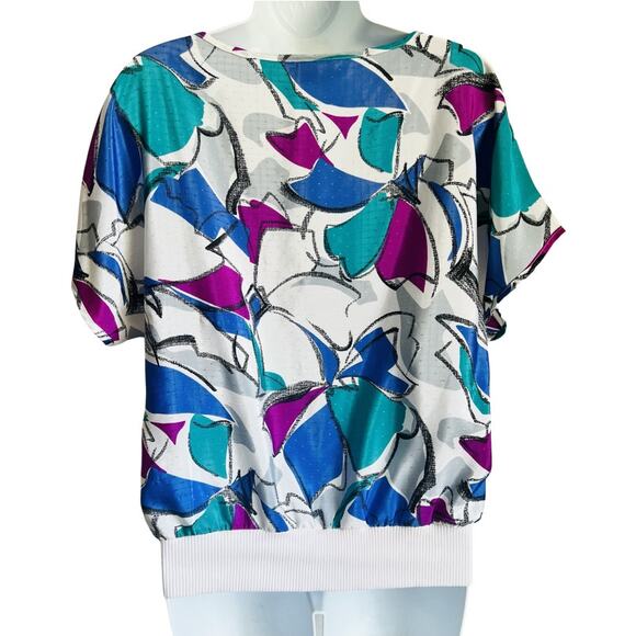 Vintage 80s White Blue Green Abstract Short Sleeve Tee Oversize size S / M - Picture 6 of 10